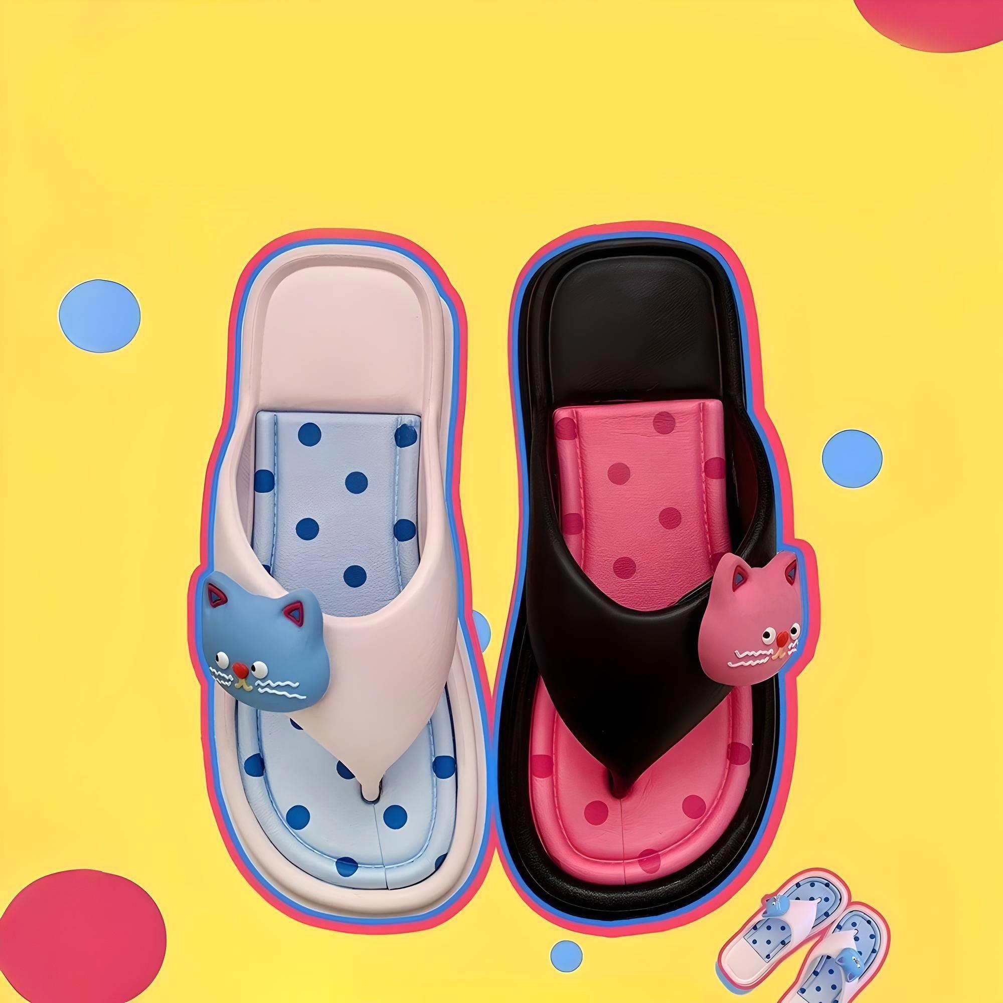 Cartoon Cat Polka Dot Sole Cute Element Flip Flops - Steppaws